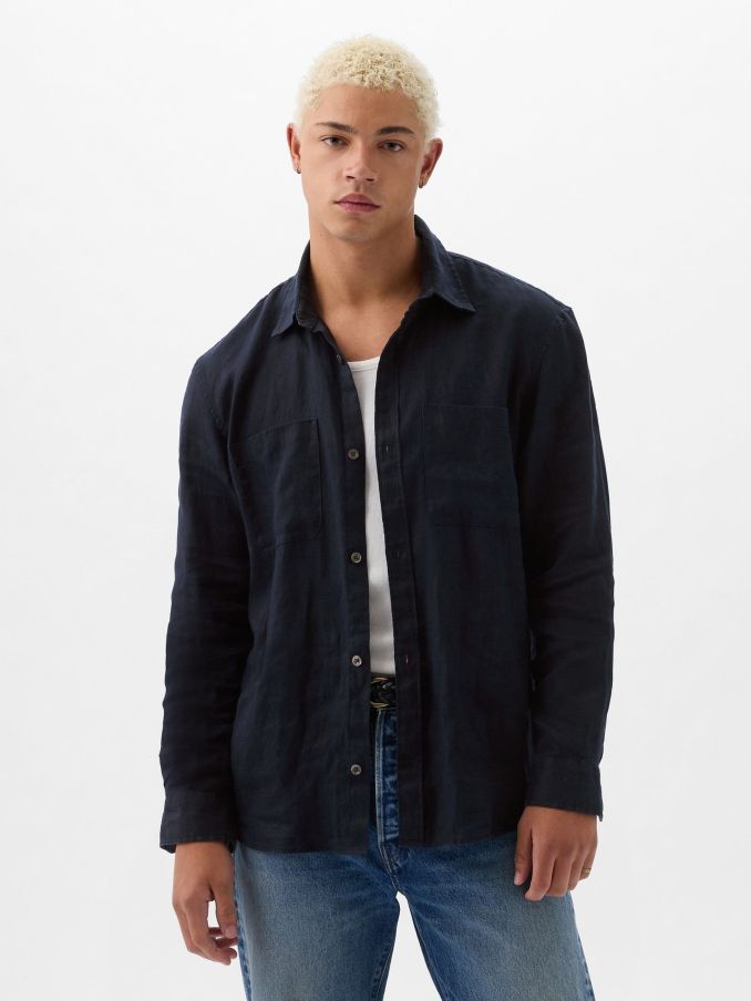 Dark Blue Linen Blend Long Sleeve Shirt (K75278) | £33