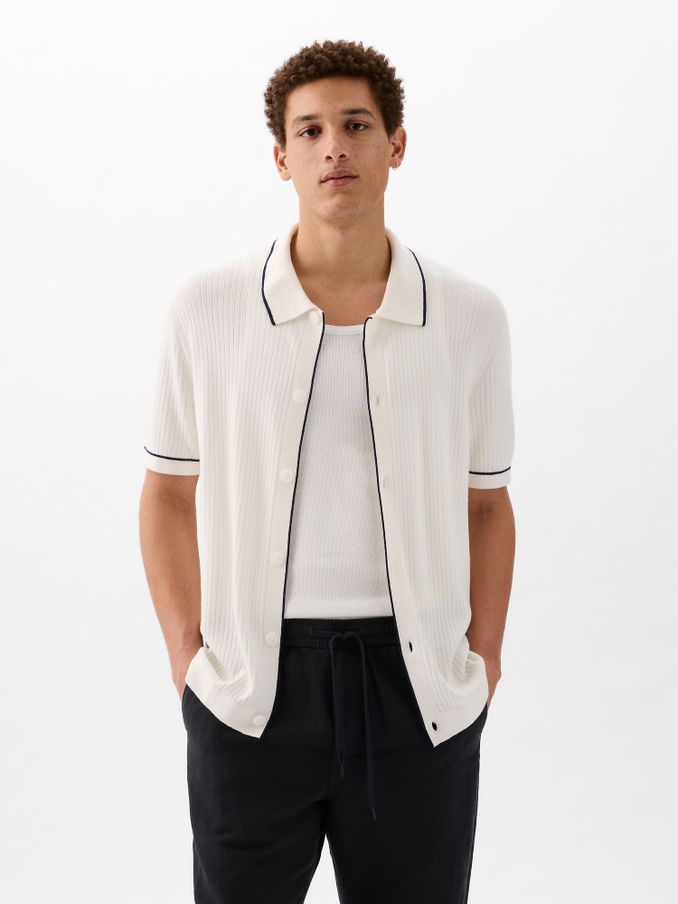 White Ribbed Buttoned Short Sleeve Knit Shirt (K75295) | £22