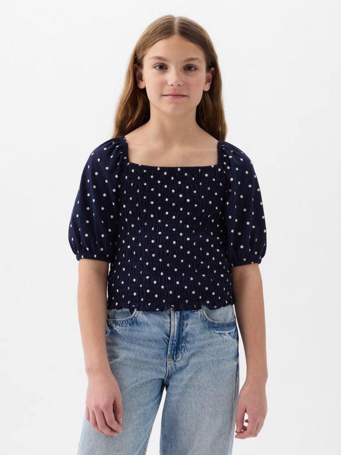 Navy Blue Puff Sleeve Square Neck Smocked Top (4yrs-13yrs) (K75439) | £5