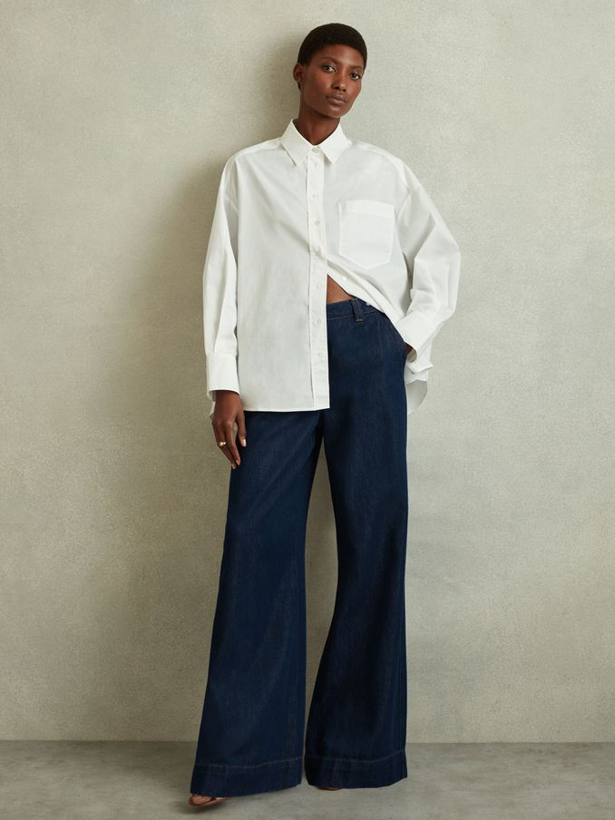 Petite Wide Leg Contrast Stitch Jeans in Dark Blue (K76097) | £48