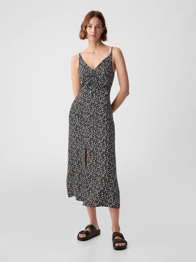Black/White Floral Ruched Slip Midi Dress (K78124) | £14
