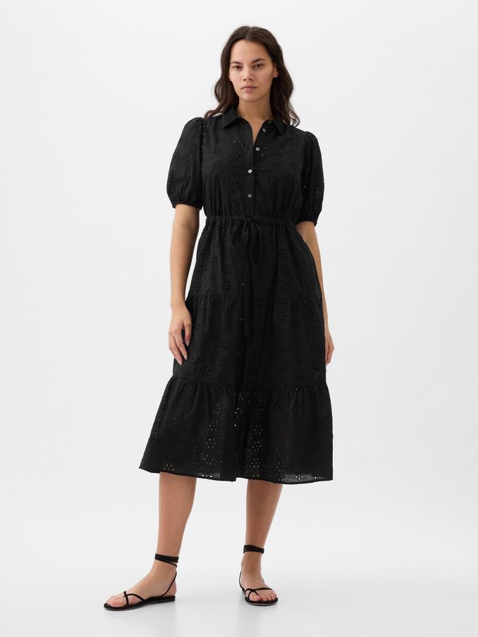 Black Eyelet Tie Waist Tiered Midi Dress (K78152) | £45