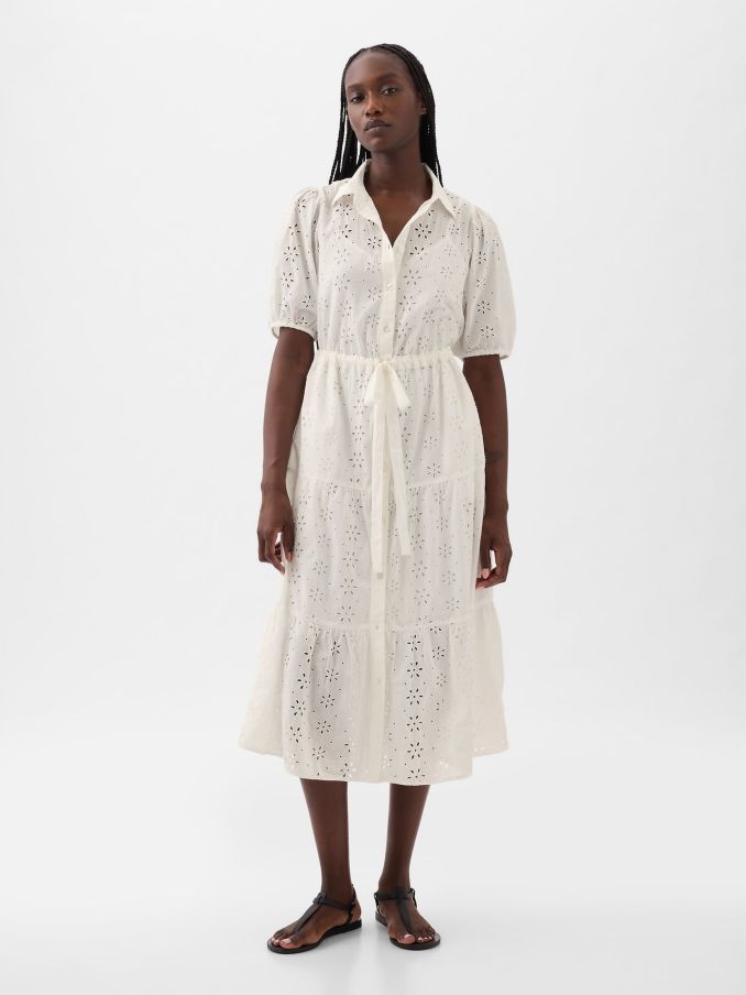 White Eyelet Tie Waist Tiered Midi Dress (K78177) | £25