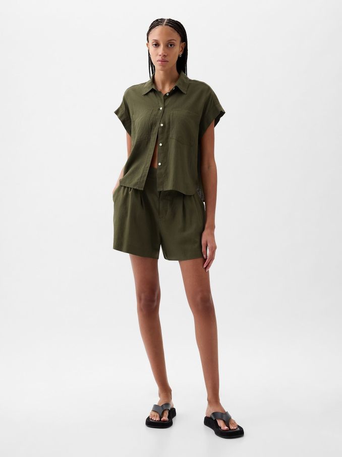 Olive Green Linen-Blend Short Sleeve Cropped Shirt (K78183) | £22
