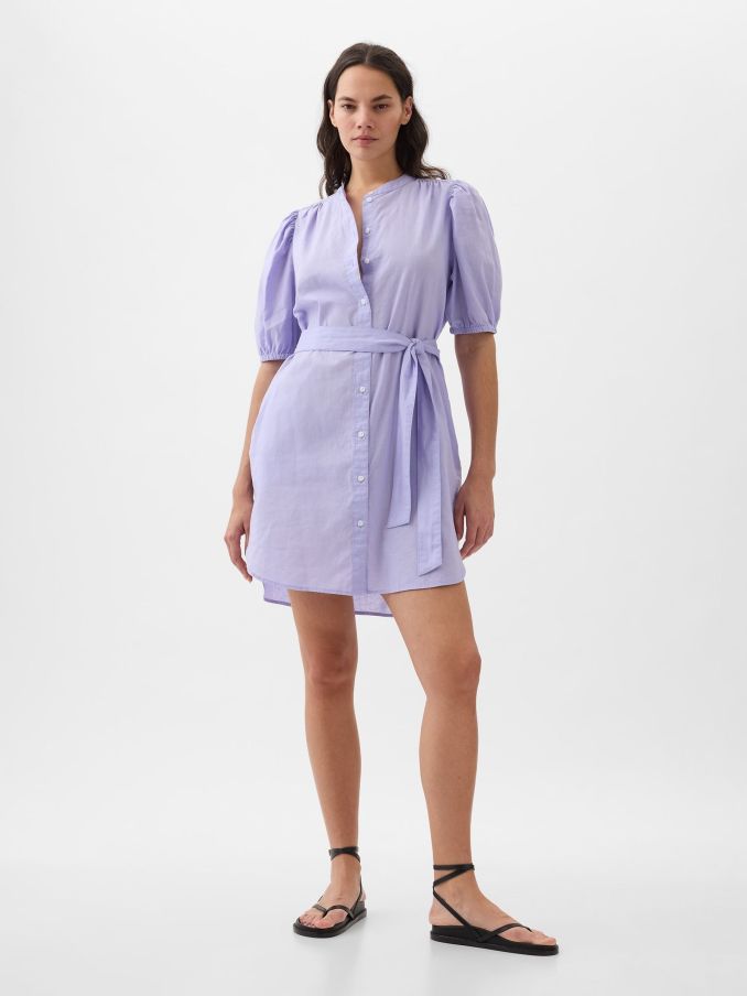 Purple Linen Blend Short Puff Sleeve Mini Shirt Dress (K78198) | £27