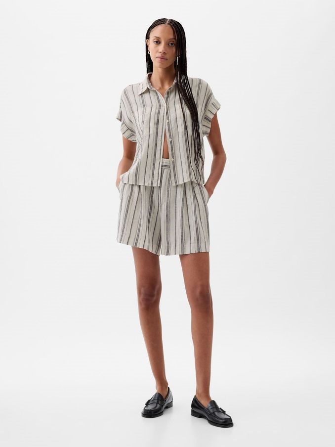 Neutral Stripe Linen-Blend Short Sleeve Cropped Shirt (K78205) | £17