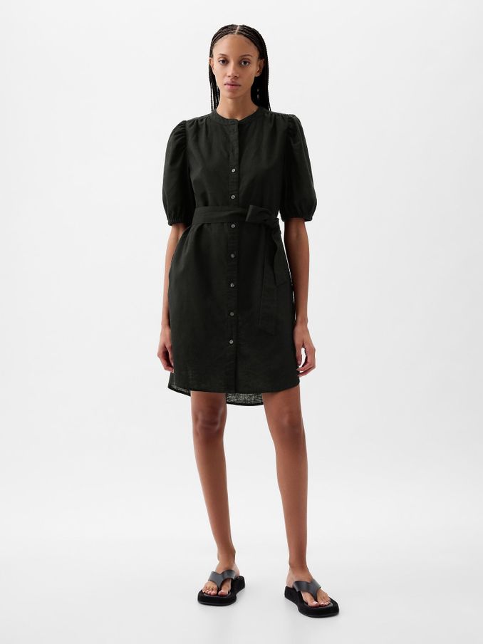 Black Linen Blend Short Puff Sleeve Mini Shirt Dress (K78246) | £16