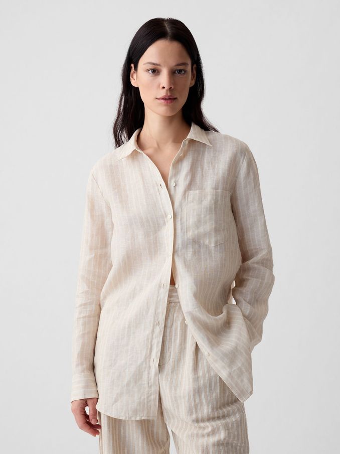 Cream Stripe 100% Linen Long Sleeve Oversized Shirt (K78260) | £20