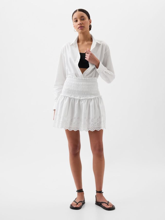 White Smocked Eyelet Mini Skirt (K78262) | £17