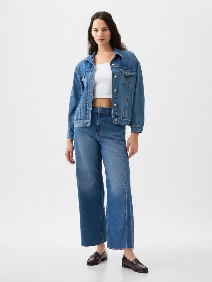 Mid Indigo Blue High Waisted Cropped Wide Leg Jeans (K78278) | £25