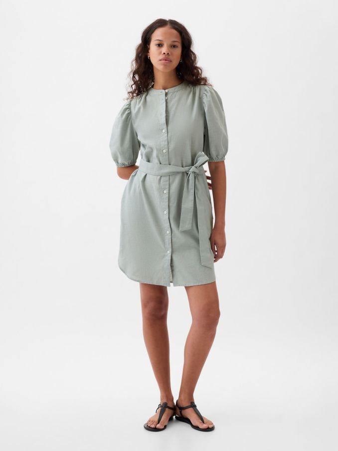 Green Linen Blend Short Puff Sleeve Mini Shirt Dress (K78279) | £24