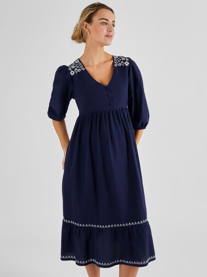Navy Linen Blend Embroidered Maternity Dress (K79456) | £28