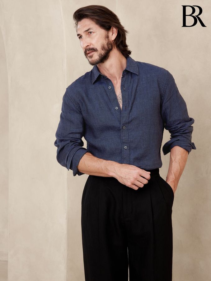Banana Republic Navy Blue 100% Linen Castelletto Long Sleeve Shirt (K81006) | £70