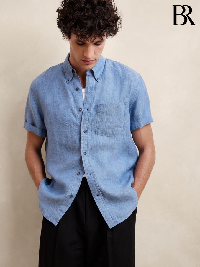 Banana Republic Blue 100% Linen Castelletto Short Sleeve Shirt (K81040) | £65