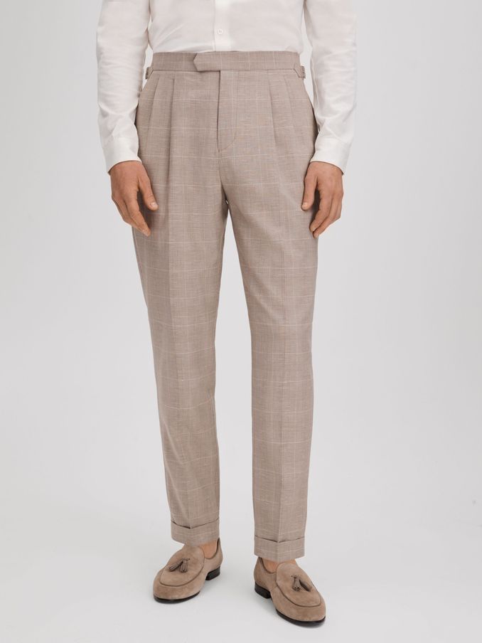 Slim Fit Check Adjuster Trousers with Turn-Ups in Oatmeal (K81540) | £38