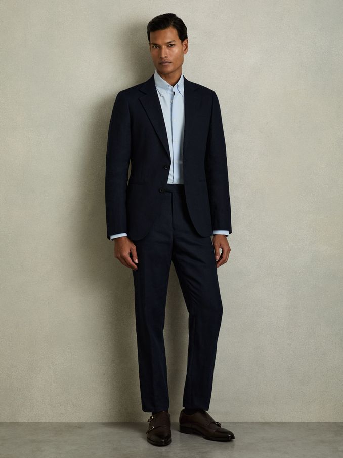 Slim Fit Linen Trousers in Navy (K81610) | £148