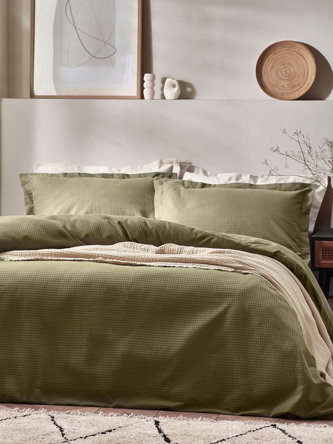 Yard Olive Green Waffle Textured 100% Cotton Duvet Cover Set (K85955) | £34 - £62