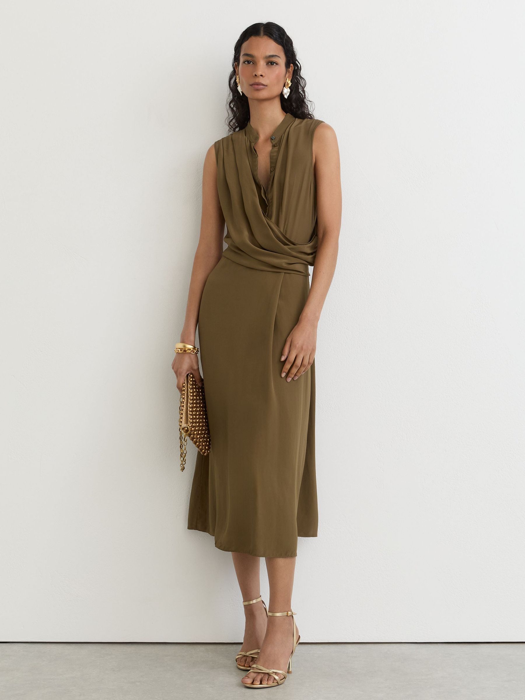 Khaki Green - Drape-detail Band-collar Midi Dress