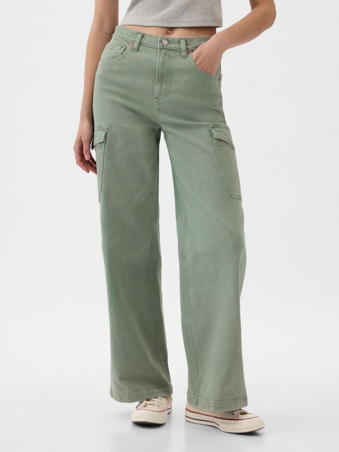 Green High Waisted Wide Leg Cargo Jeans (K90647) | £10