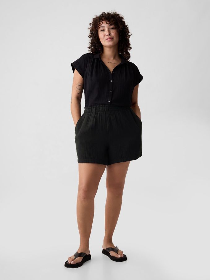 Black Crinkle Cotton Pull On Short (K90654) | £18