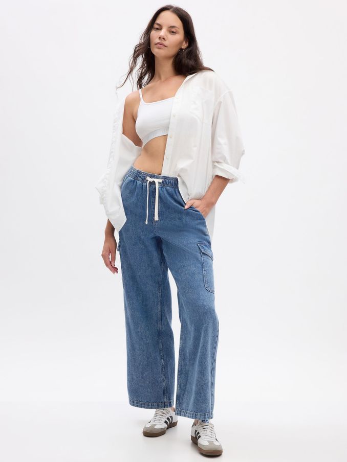 Mid Blue Cargo High Waisted Pull On Jeans (K90664) | £22