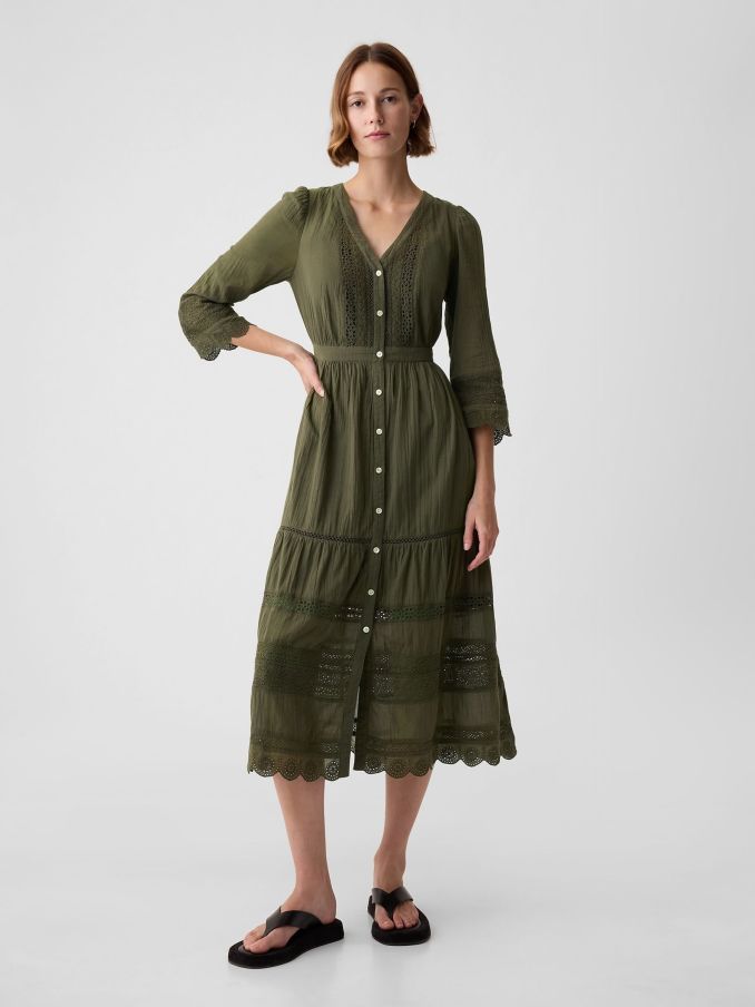 Green Crinkle Cotton Lace 3/4 Sleeve Midi Dress (K90671) | £31