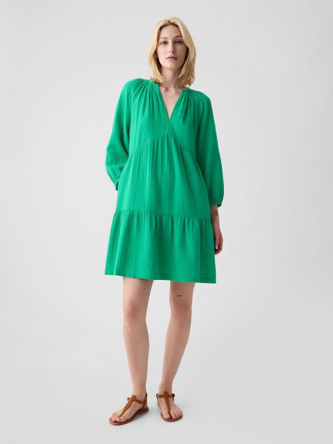 Green Crinkle Cotton 3/4 Sleeve Tiered Mini Dress (K90679) | £18