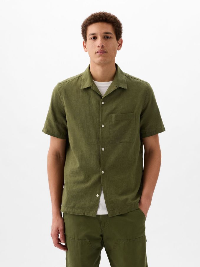 Green Linen Cotton Short Sleeve Shirt (K93305) | £28