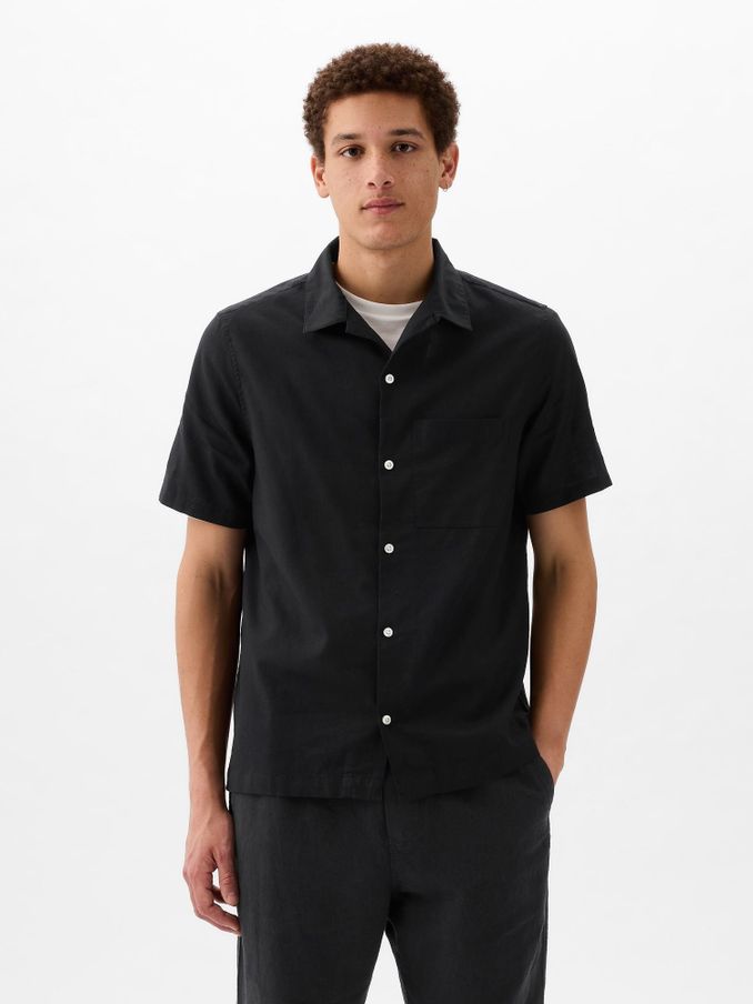 Black Short Sleeve Linen Cotton Shirt (K93344) | £28
