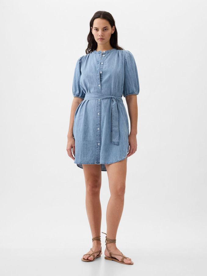 Blue Denim Puff Sleeve Tie Waist Mini Dress (K93348) | £25