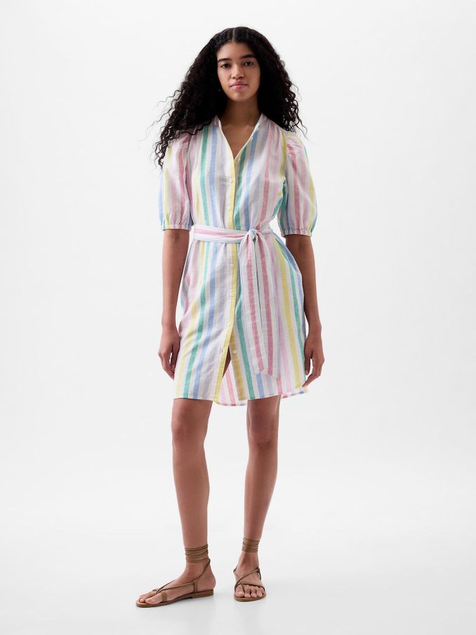White Rainbow Linen Blend Short Puff Sleeve Mini Shirt Dress (K93349) | £35