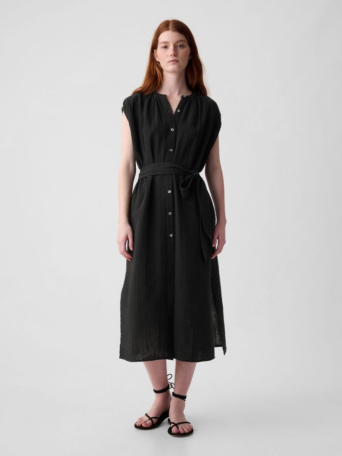 Black Crinkle Cotton Belted Midi Shirt Dress (K93363) | £22