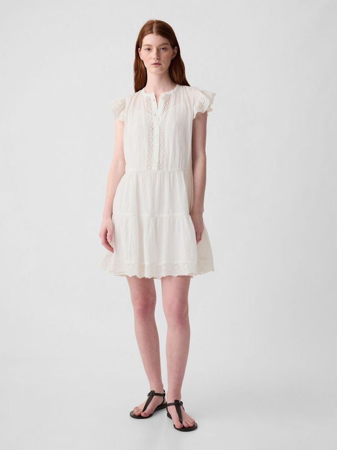 White Crinkle Cotton Crochet Mini Dress (K93364) | £15