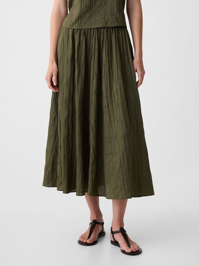 Green Crinkle Pull On Midi Skirt (K93366) | £22