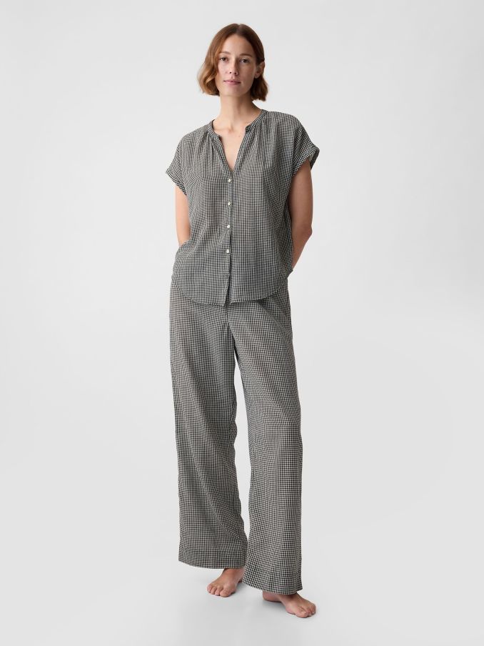 Black/White Crinkle Cotton Short Sleeve Pyjama Top (K93404) | £12