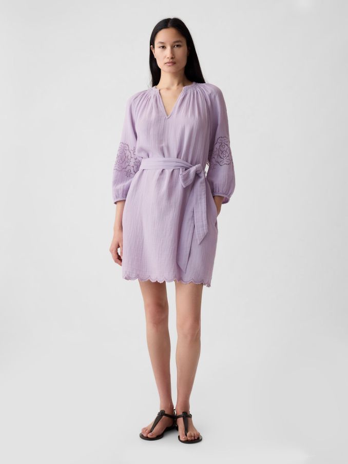 Purple Crinkle Cotton Embroidered Elbow Sleeve Mini Dress (K93408) | £12