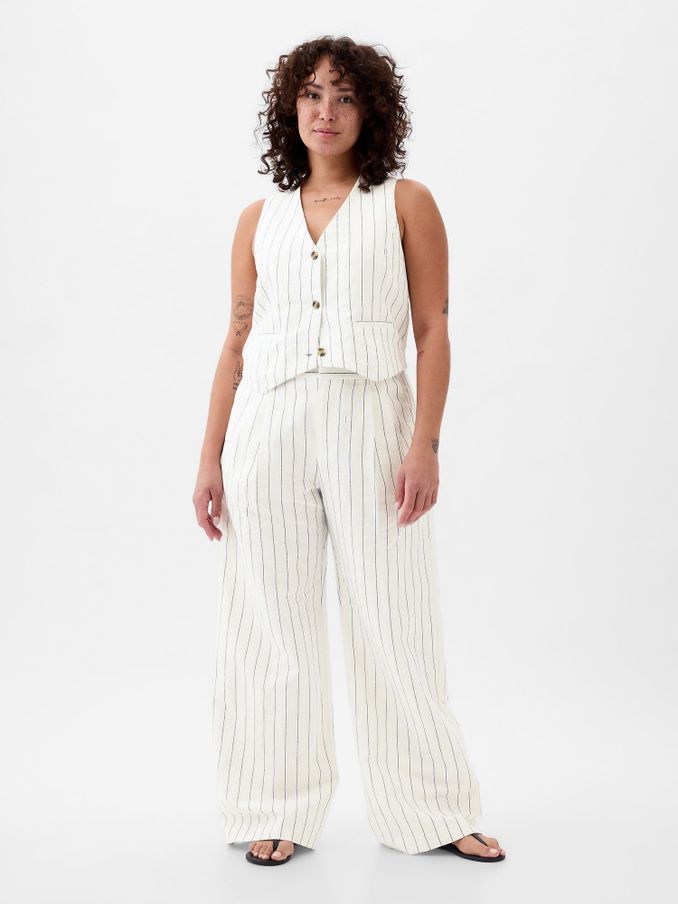 White & Navy Stripe High Waisted Linen Cotton Trousers (K93411) | £36