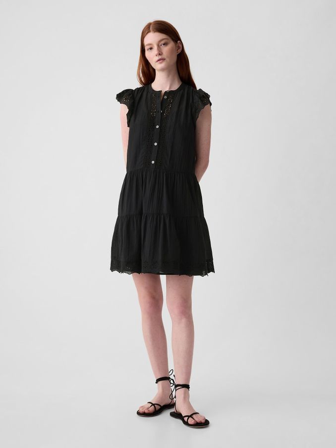Black Crinkle Cotton Crochet Mini Dress (K93420) | £15