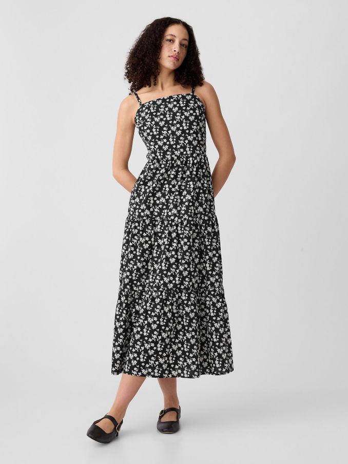 Black Floral Floral Cotton Tiered Strappy Midi Dress (K93427) | £27