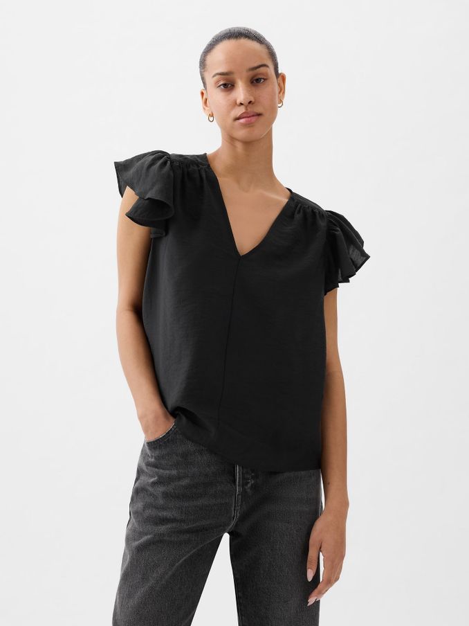 Black V Neck Flutter Sleeve Blouse (K93442) | £15