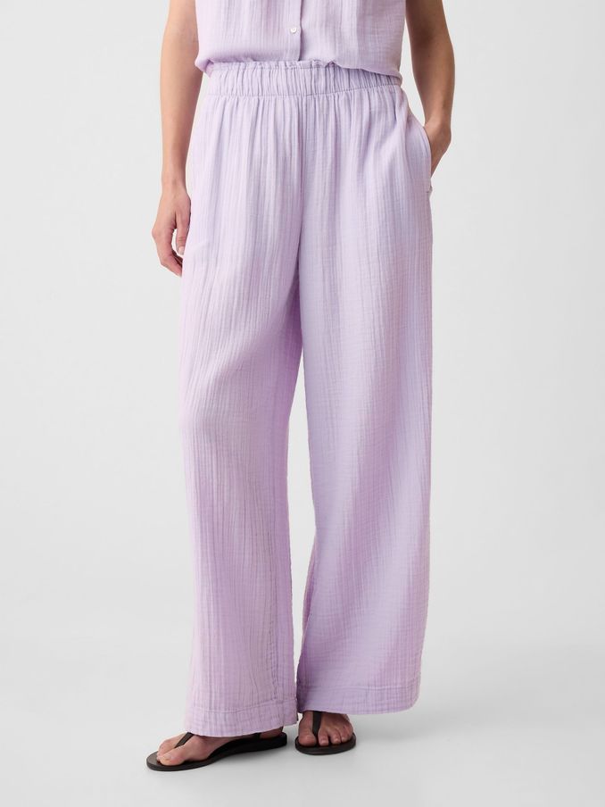 Purple Crinkle Cotton Wide Leg Pull On Trouser (K93443) | £16