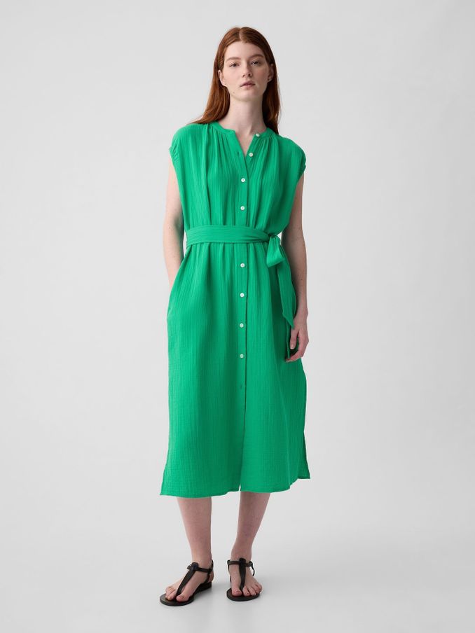 Green Crinkle Cotton Belted Midi Shirt Dress (K93449) | £22