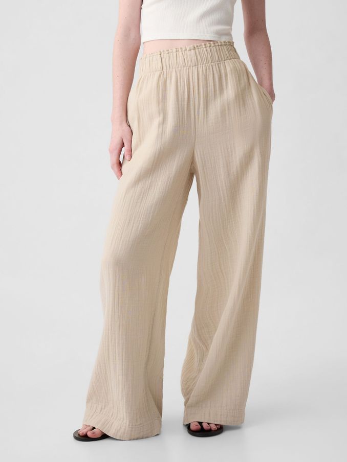 Beige Crinkle Cotton Wide Leg Pull On Trouser (K93452) | £24