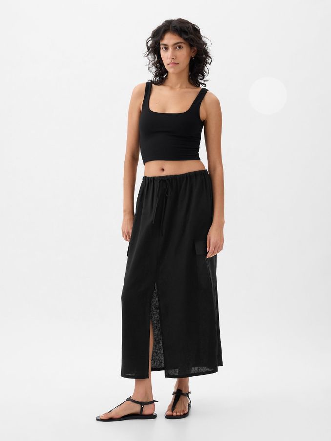 Black Linen Cotton Utility Pocket Midi Skirt (K93453) | £22