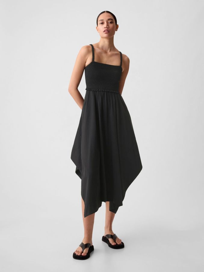 Black Smocked Handkerchief Hem Midi Dress (K93465) | £30
