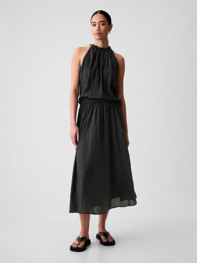 Black Crinkle Pull On Midi Skirt (K93466) | £20