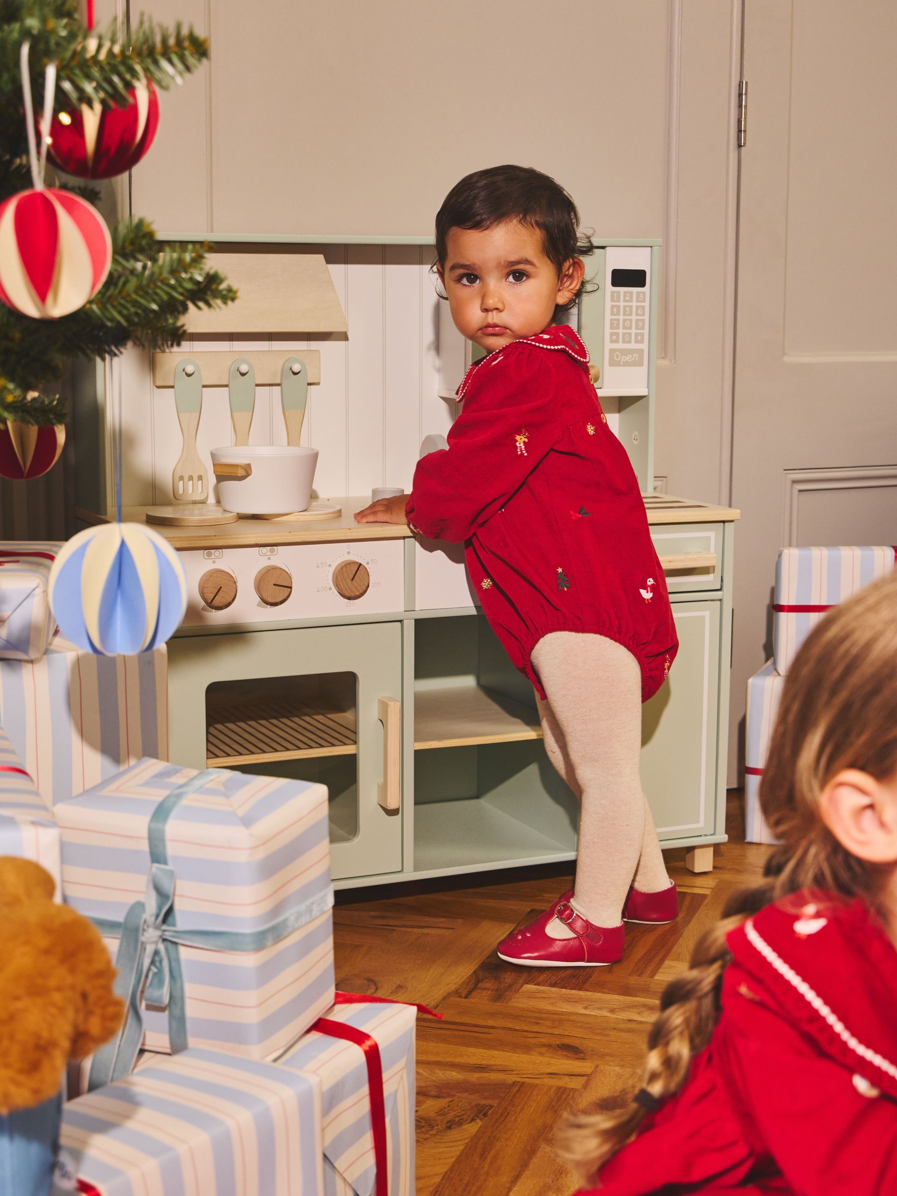 Red Christmas - Embroidered Bubble Romper & Tights Set