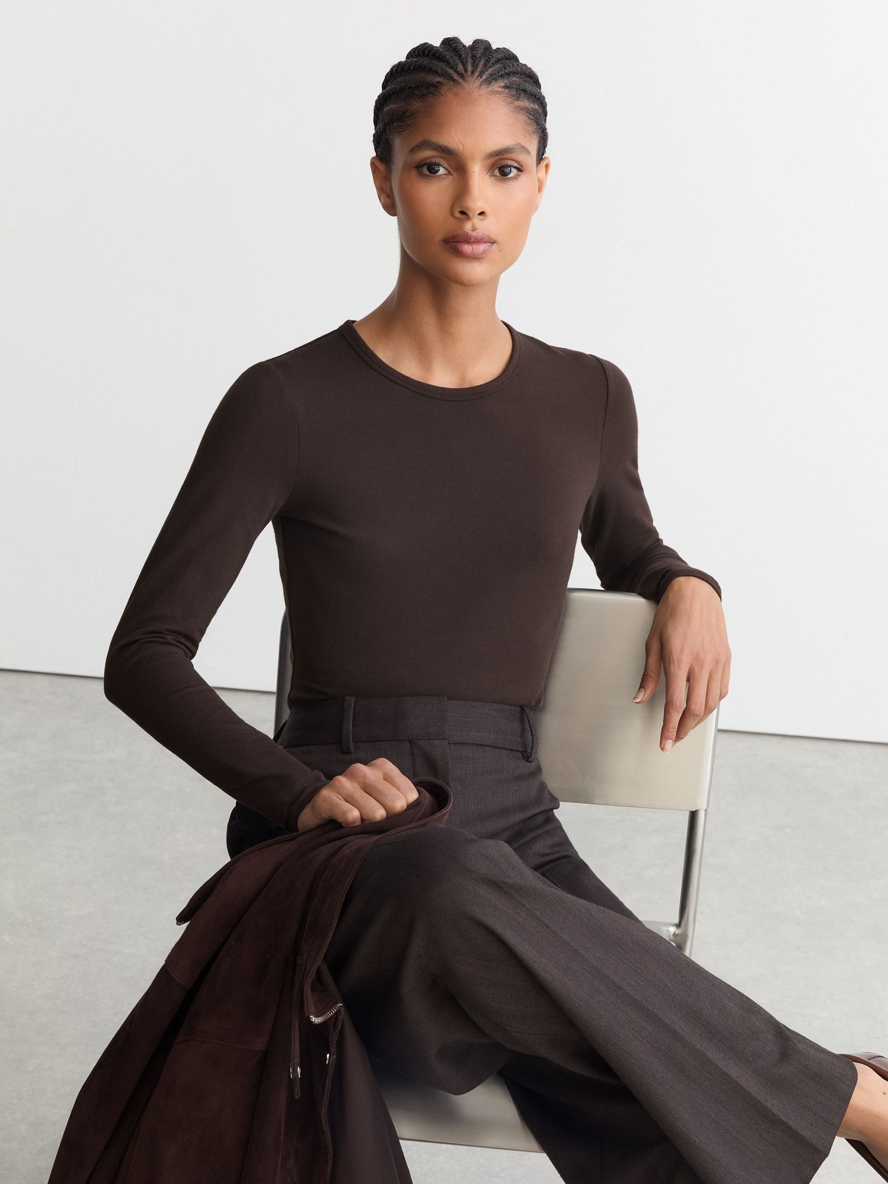 Chocolate Brown - Cotton Crew-neck Long-sleeve T-shirt With Stretch