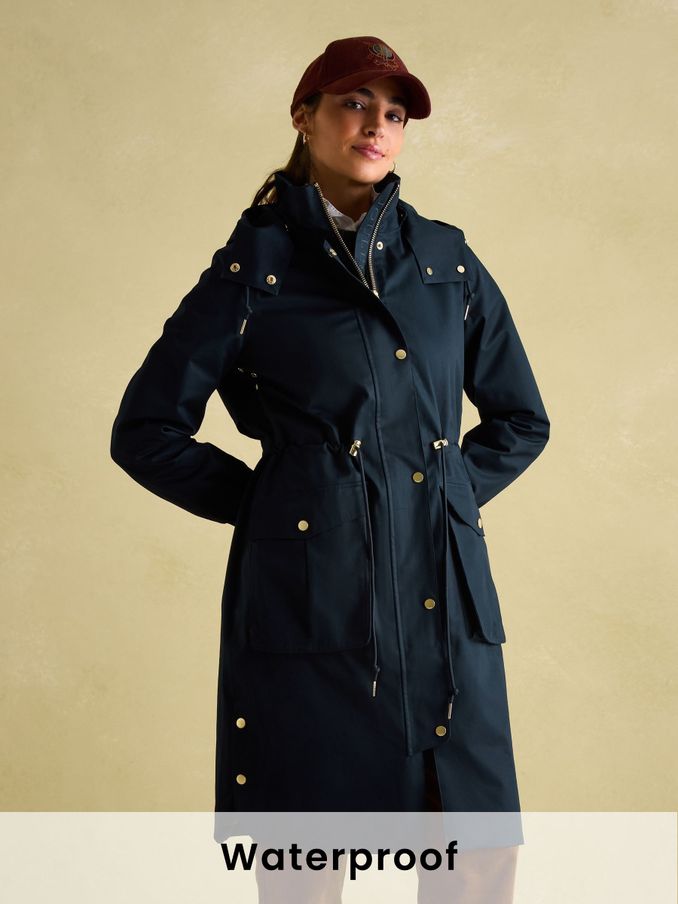 Harpsden Navy Blue Waterproof Long Raincoat with Hood (K96487) | £159
