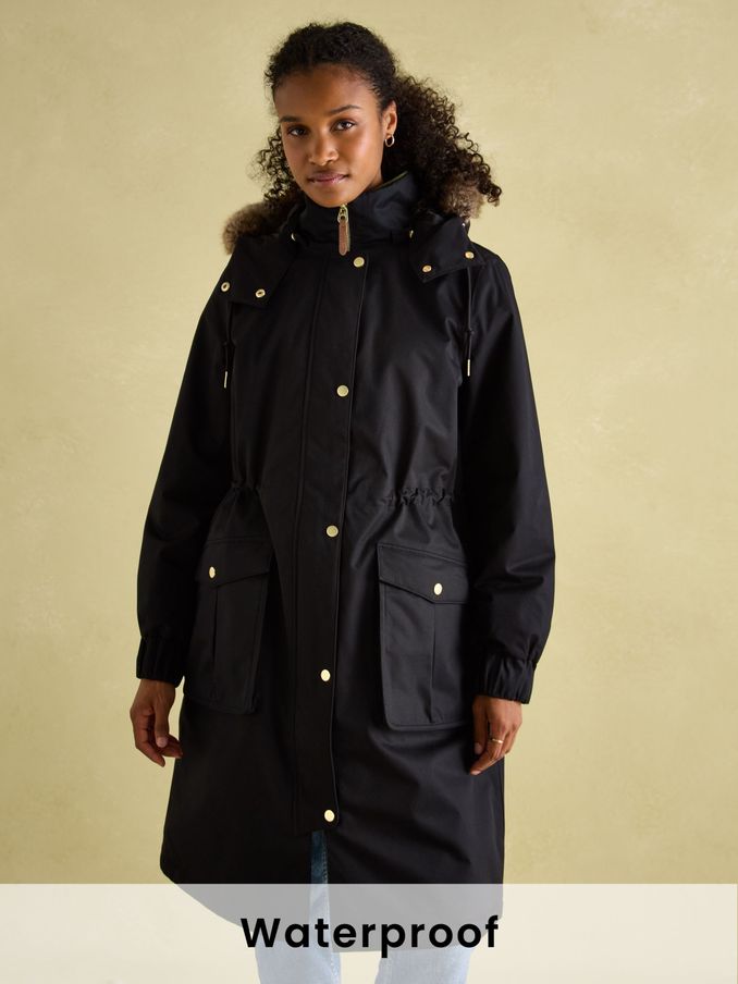 Harpsden Cosy Black Waterproof Fleece Lined Raincoat with Faux Fur Hood (K96518) | £199
